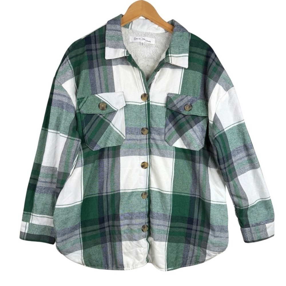 NWT Eden & Olivia Green White Womens Plaid Shacket Sherpa Lined Button Down L